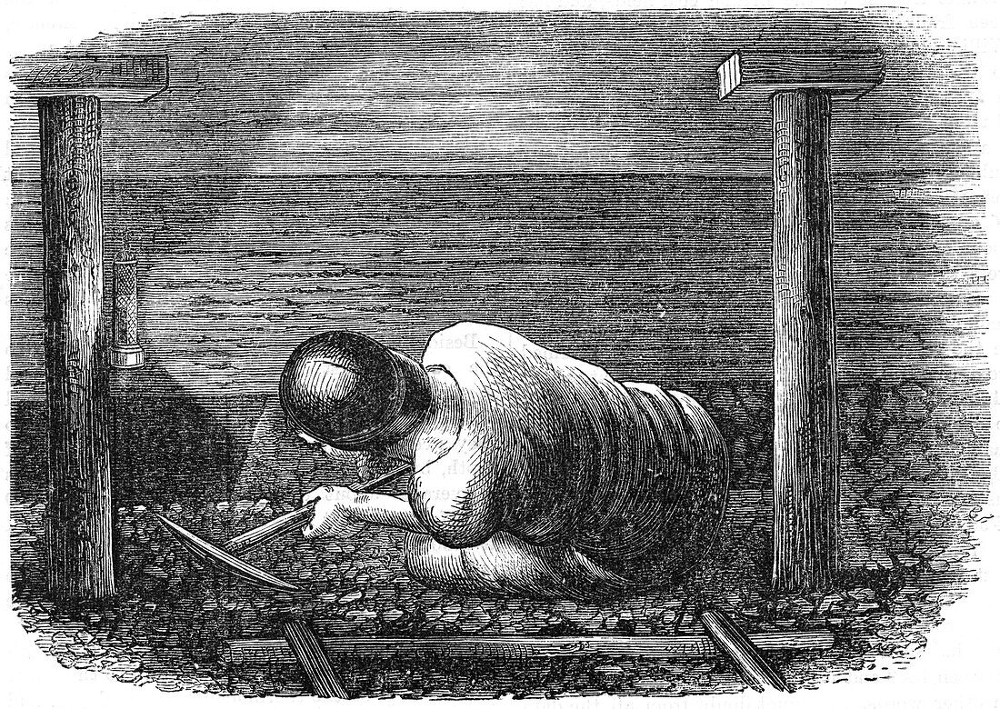 Coal miner working a narrow seam, c1864.