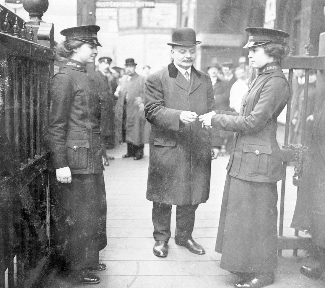 Women ticket collectors, London Bridge Station, London, 1915