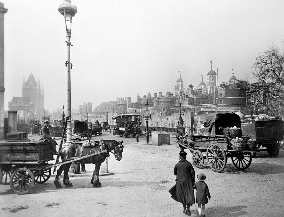 Carts outside the Tower of London, c1930