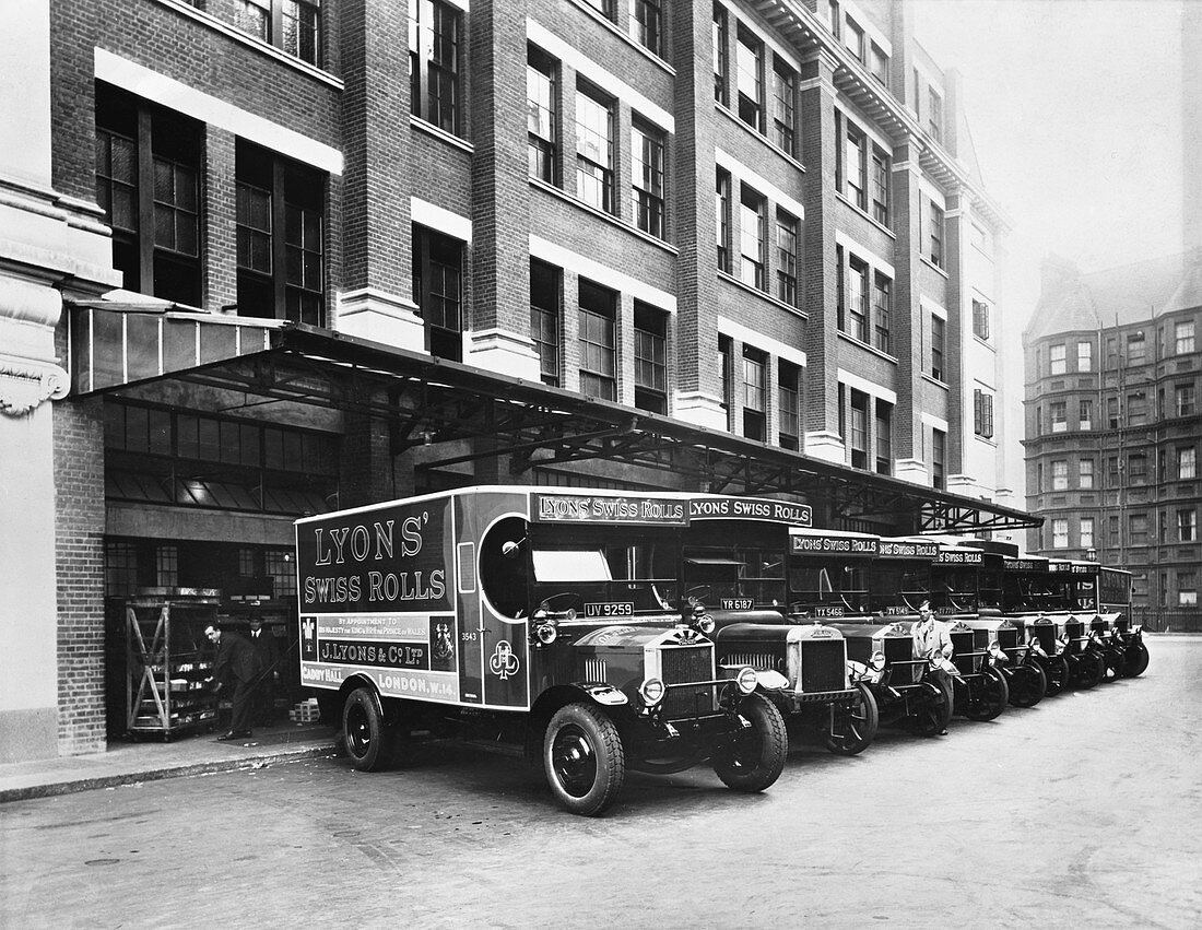 A fleet of Lyons delivery vans, London