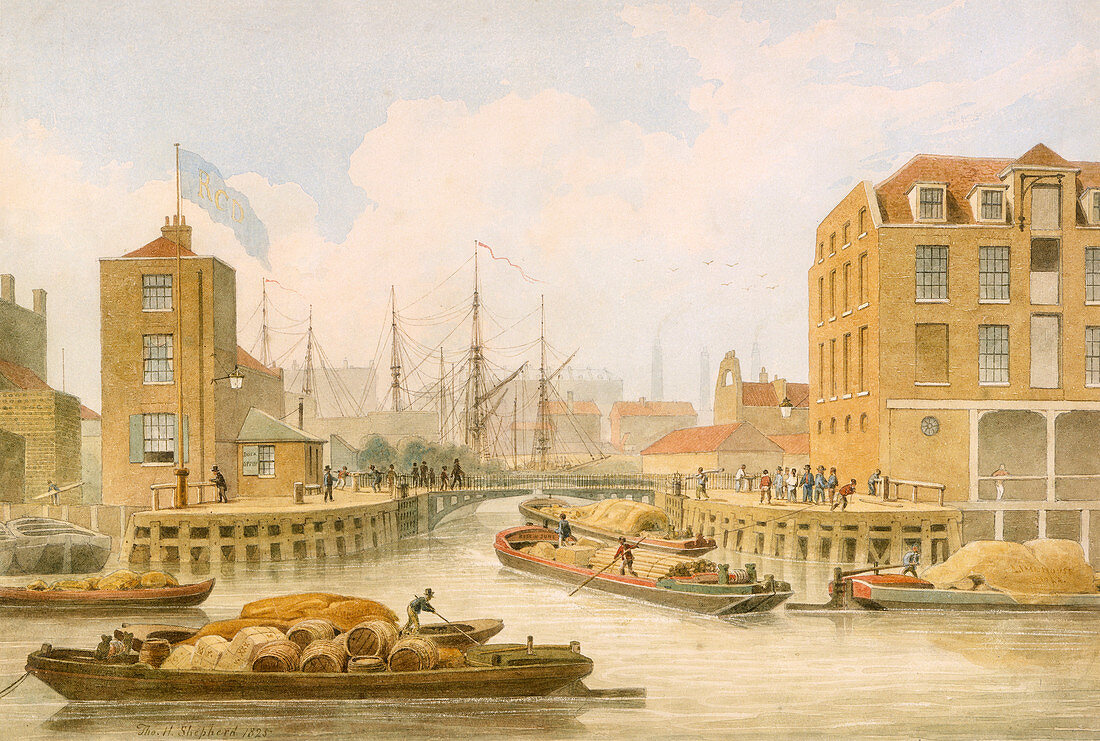 Regent's Canal entrance gates at Limehouse, London, 1823