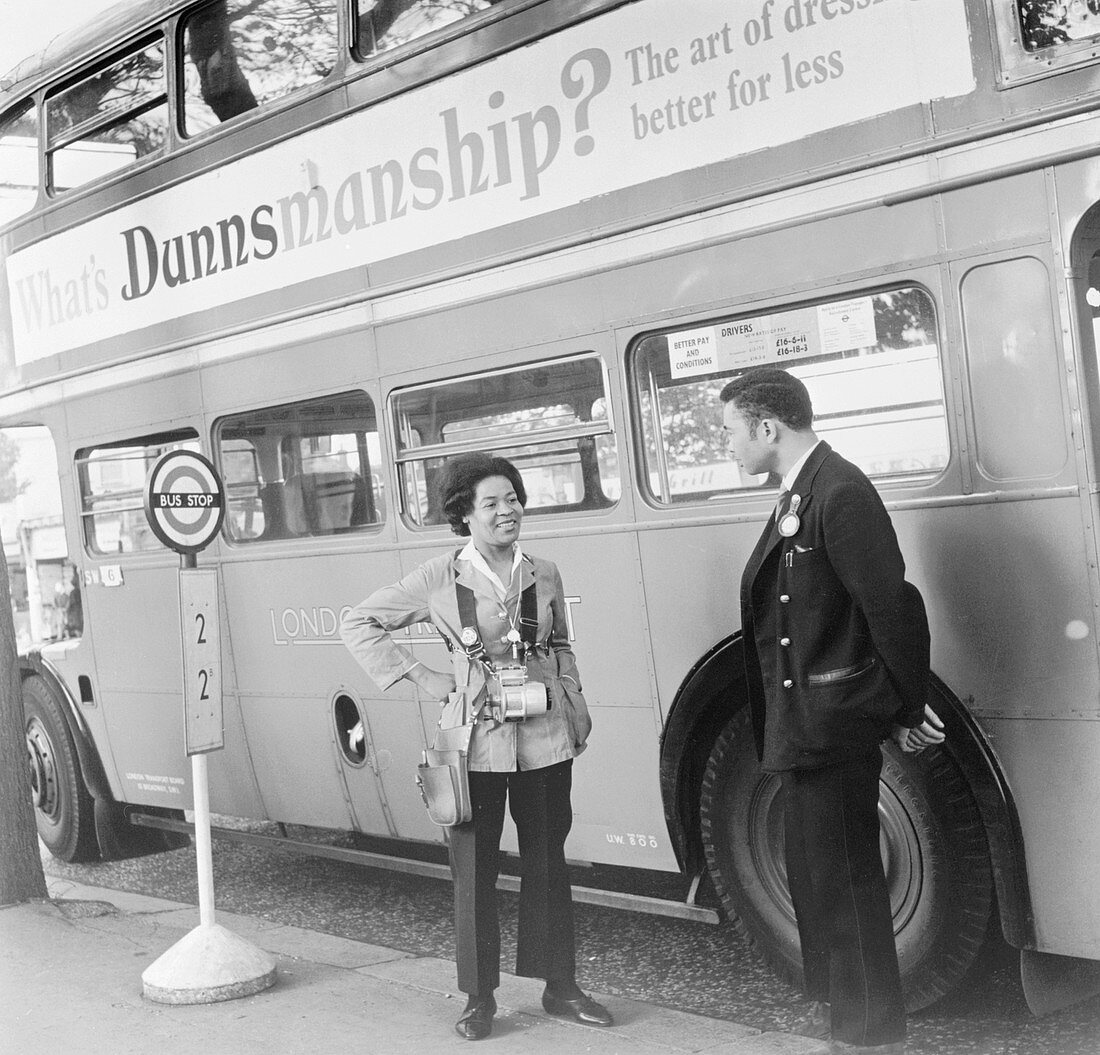 Bus conductress and driver at Crystal Palace, London, 1962