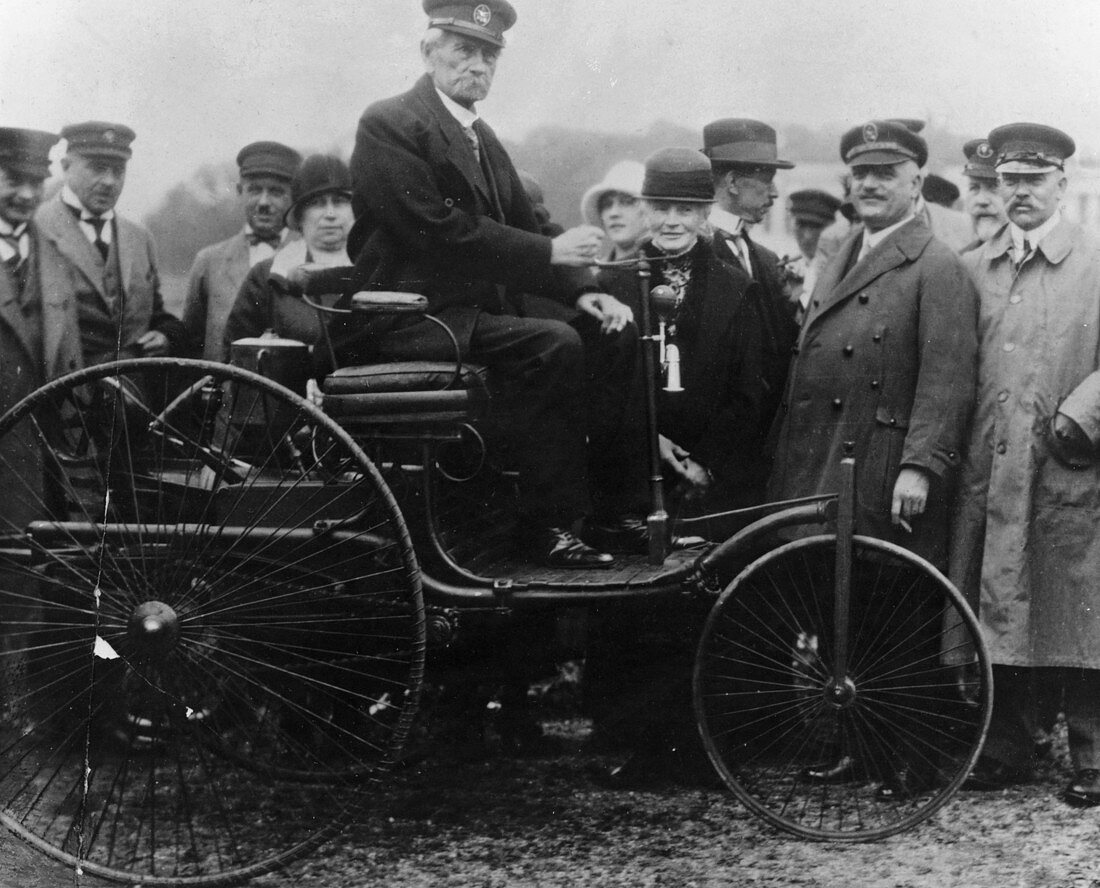 Karl Benz in his Benz motor car, 1886