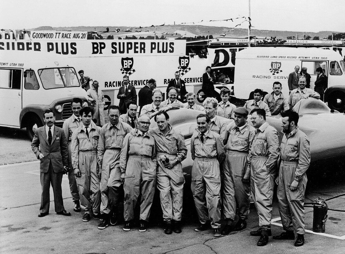 Donald Campbell and the Bluebird team, Goodwood, 1960