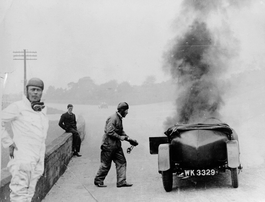 Car on fire, Brooklands, Surrey, 1928