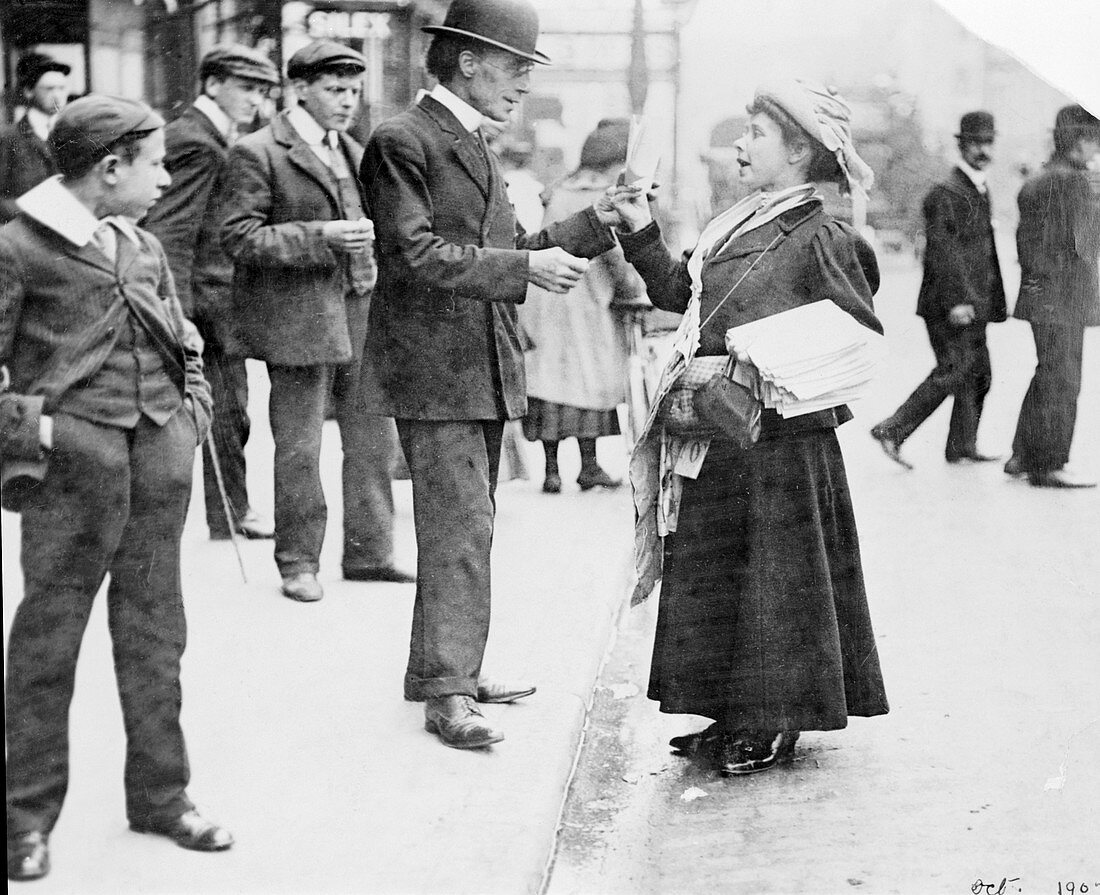 Mary Phillips selling Votes for Women in London, 1907