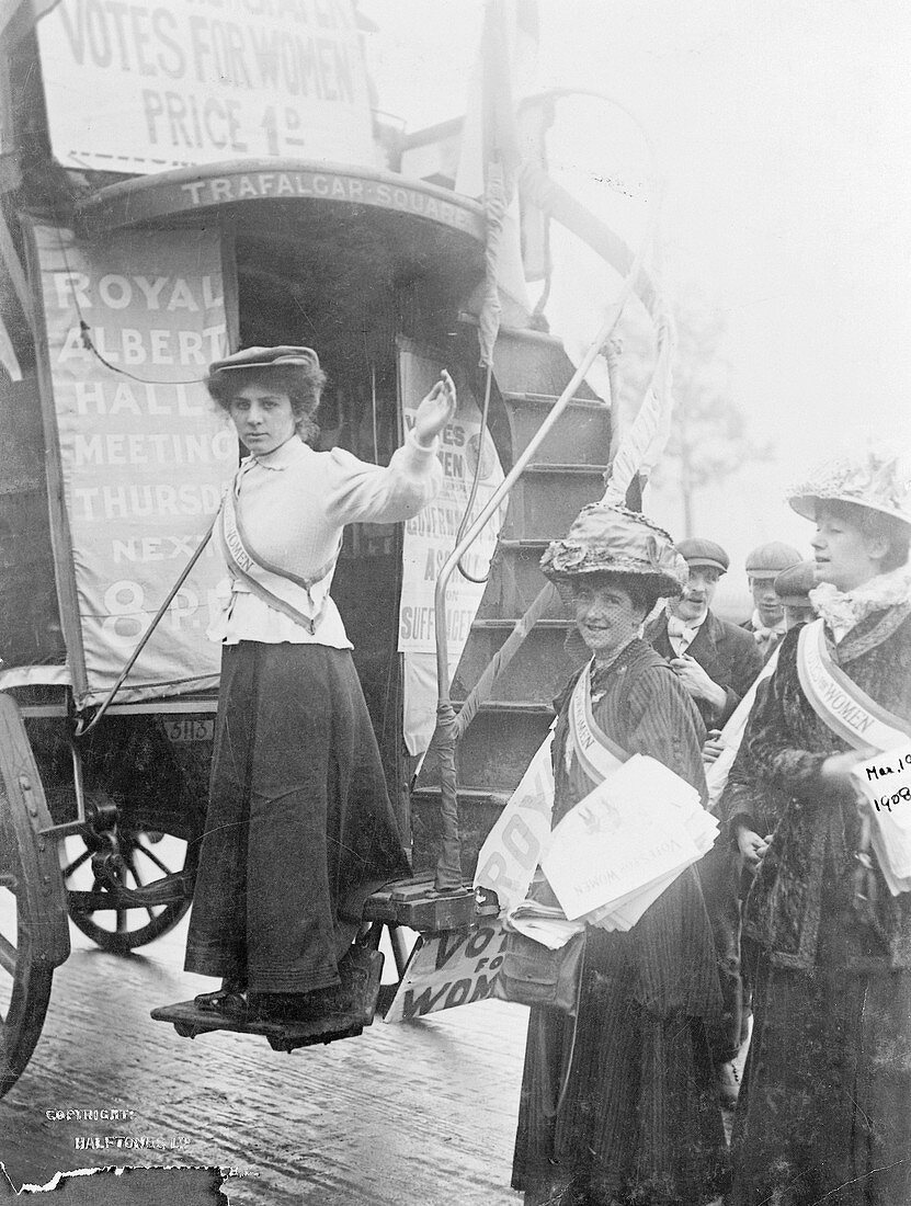 Barbara Ayrton on the Votes for Women bus, 1909