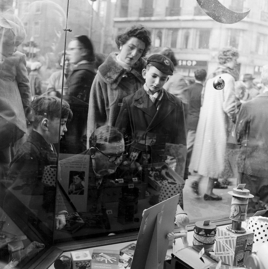 Christmas shoppers outside a toyshop, London, 1957