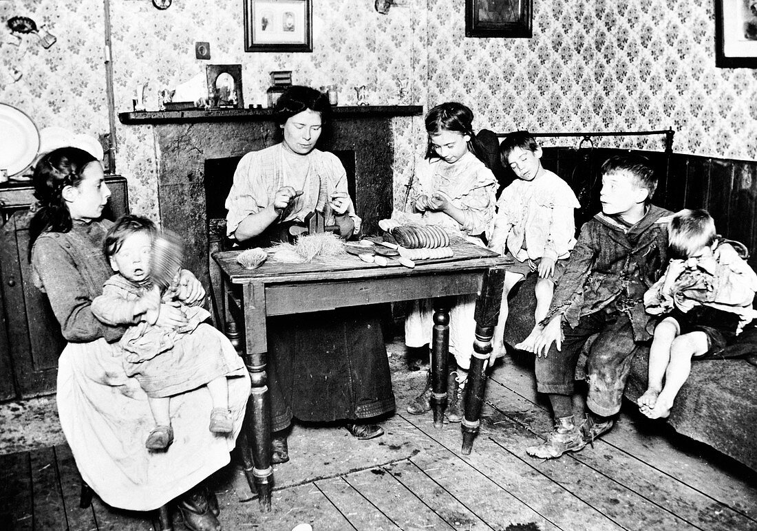 Making brushes at home, London, c1900