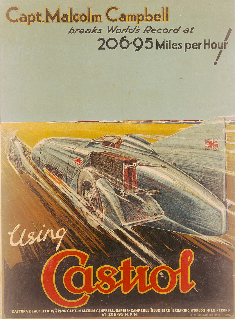 Poster advertising Castrol, featuring Bluebird, 1928