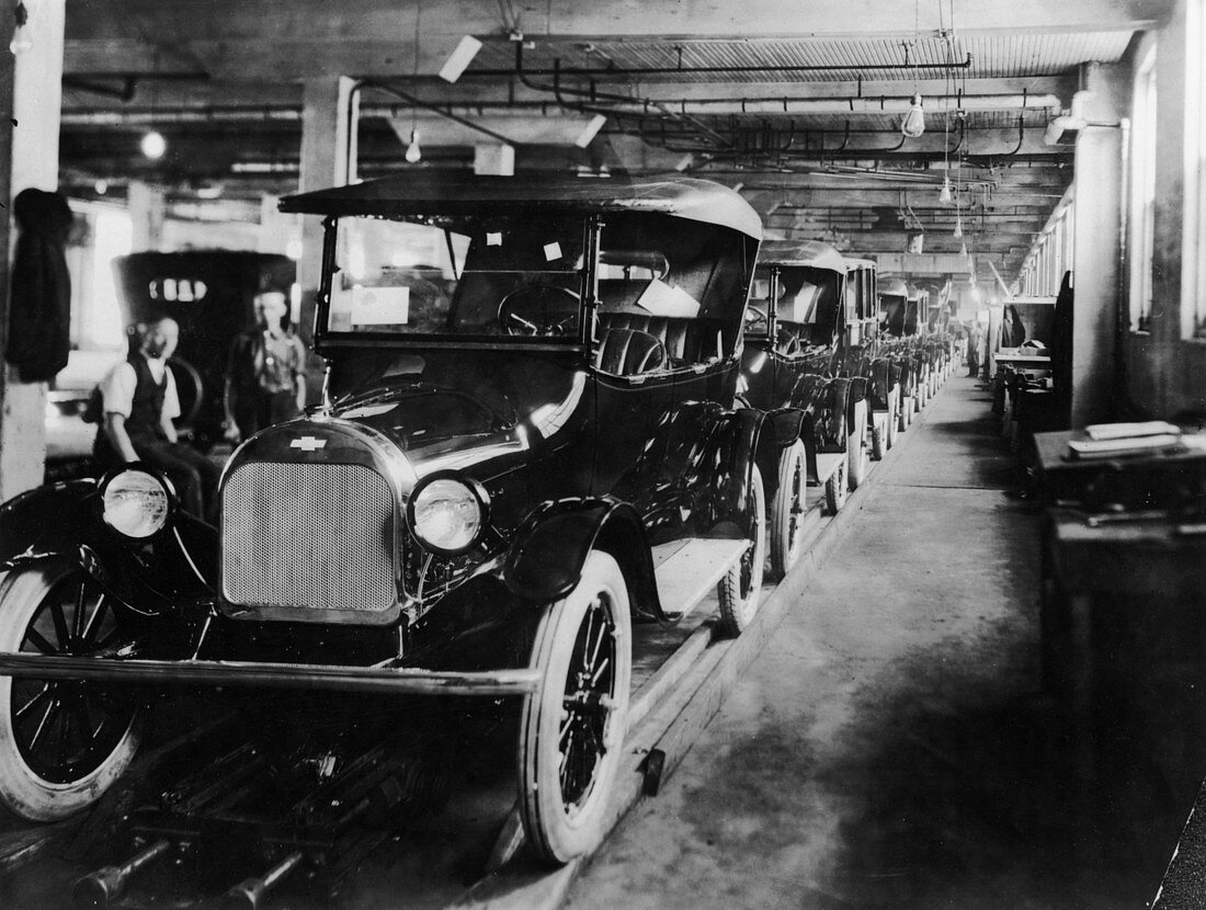 Chevrolet 490 cars on production line, c1920