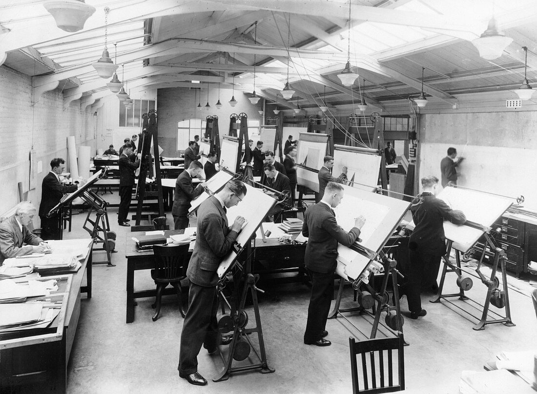 Draughtsmen in the drawing office, Vauxhall Motors, 1930