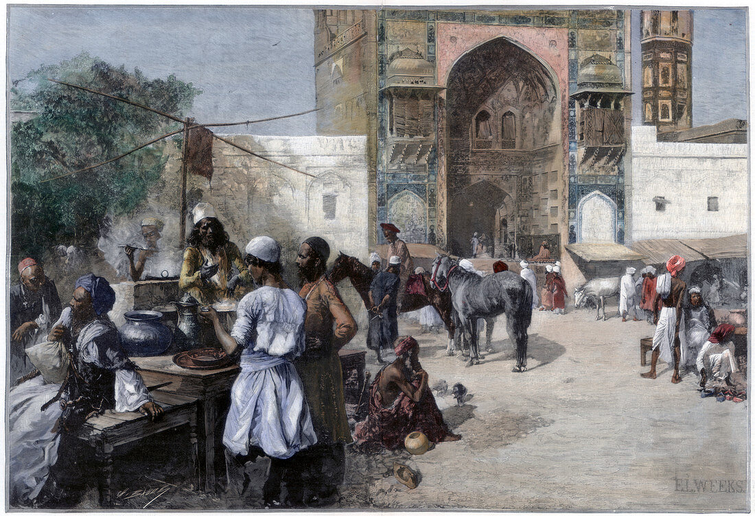 An open-air restaurant at Lahore, India, 1880