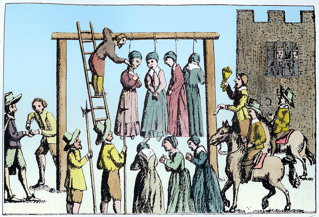 An execution of witches in England, 17th century