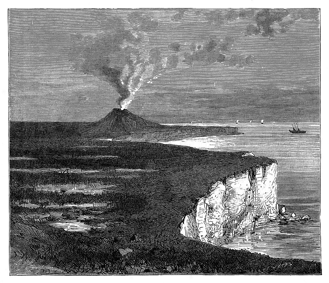 A shield volcano on Reunion island, Indian Ocean, c1890