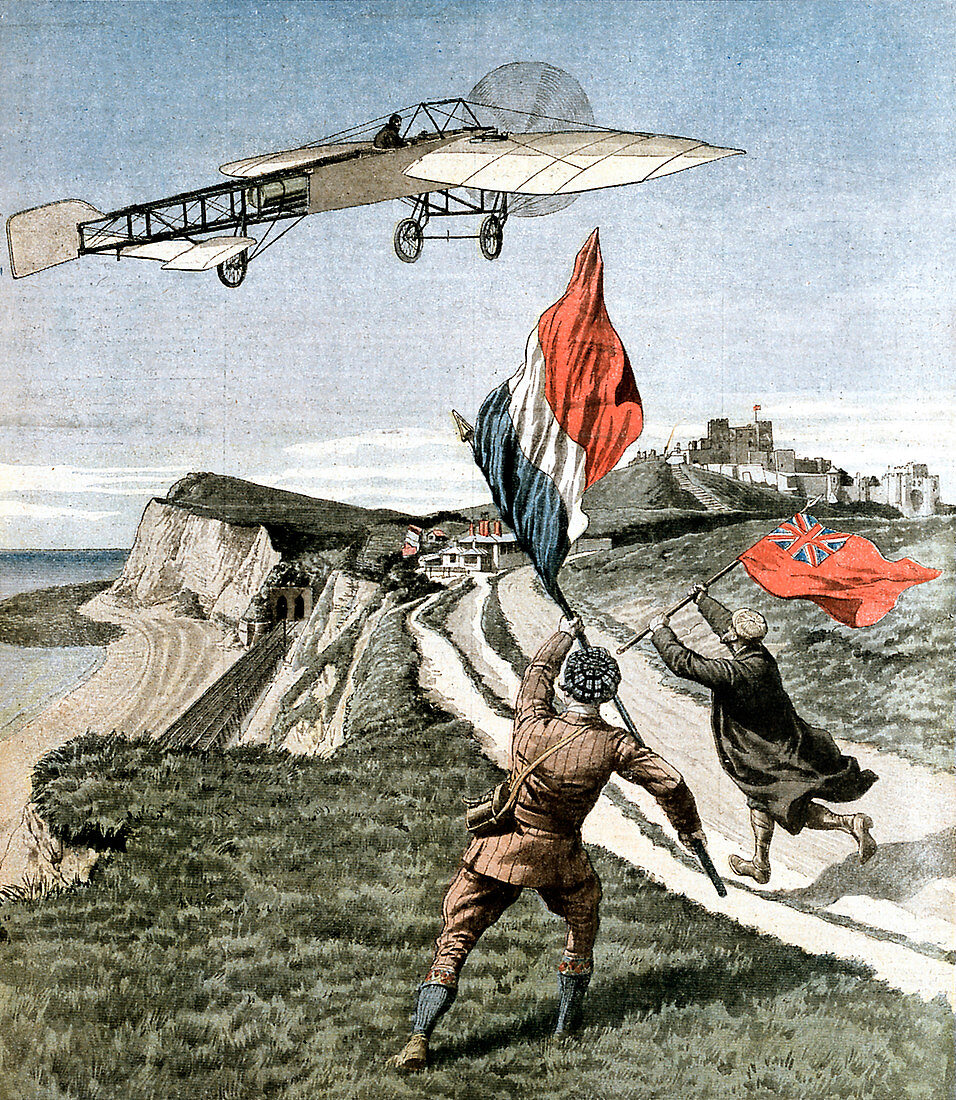 Louis Bleriot flying over the cliffs at Dover, 1909