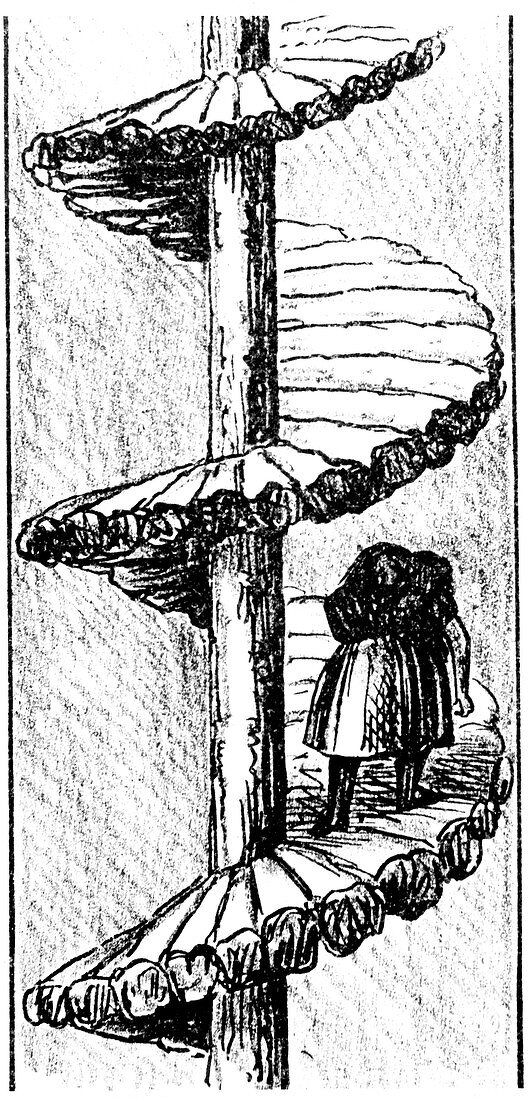 Woman carrying coal up a 'turnpike' spiral stair, 1848