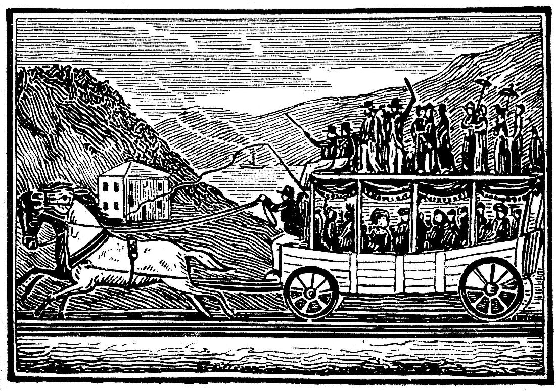 Horse-drawn carriage on Baltimore and Ohio Railroad c1830