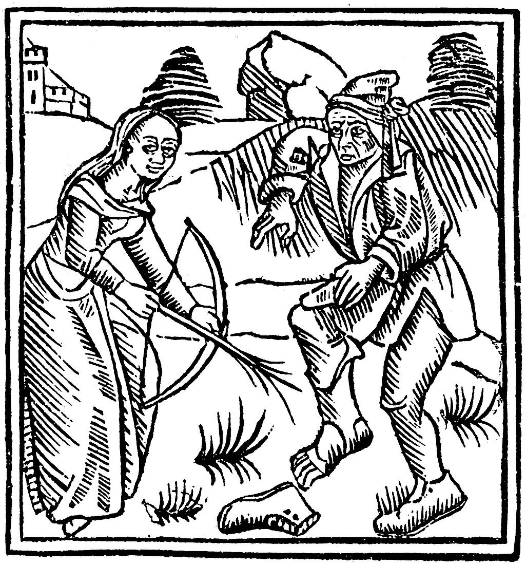 Witch shooting a man in the foot, 1489