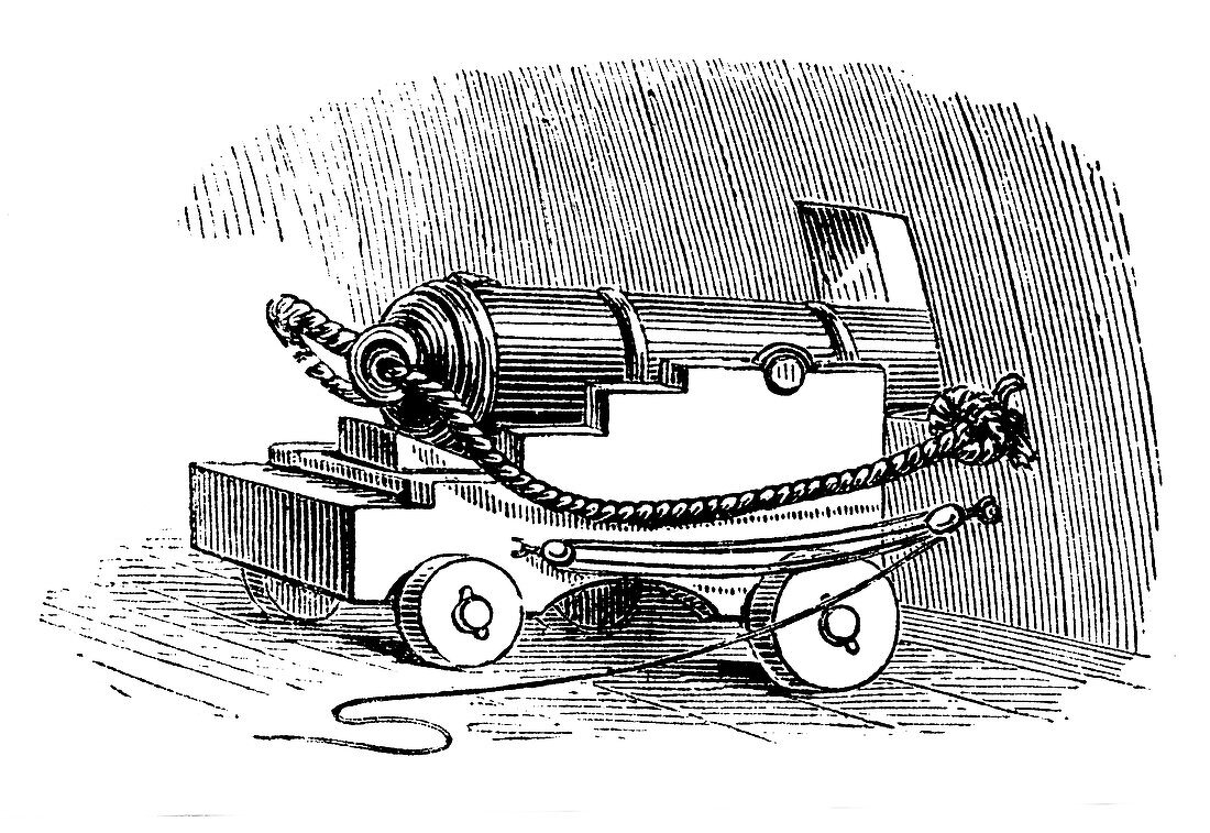 Ship cannon on gun carriage, Wood engraving, 1884