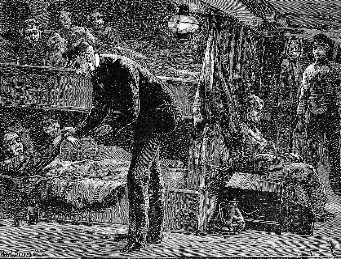 Taking the pulse of a sick Irish emigrant on board ship