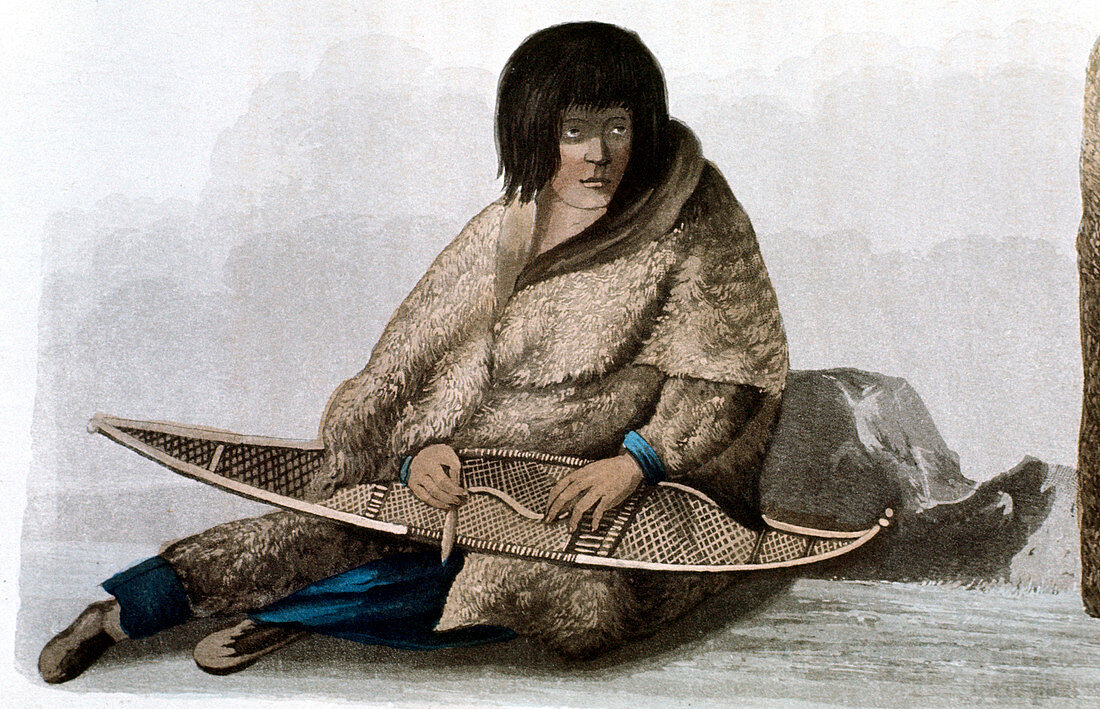 Copper Indian girl mending snow shoe, 1823