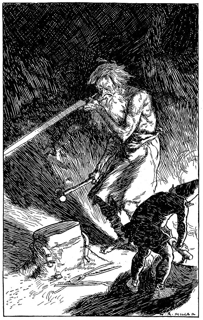 Puck helping Wayland, Smith of the Gods, to forge a sword