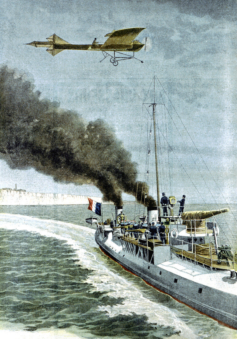 Hubert Latham attempting to fly the English Channel, 1909
