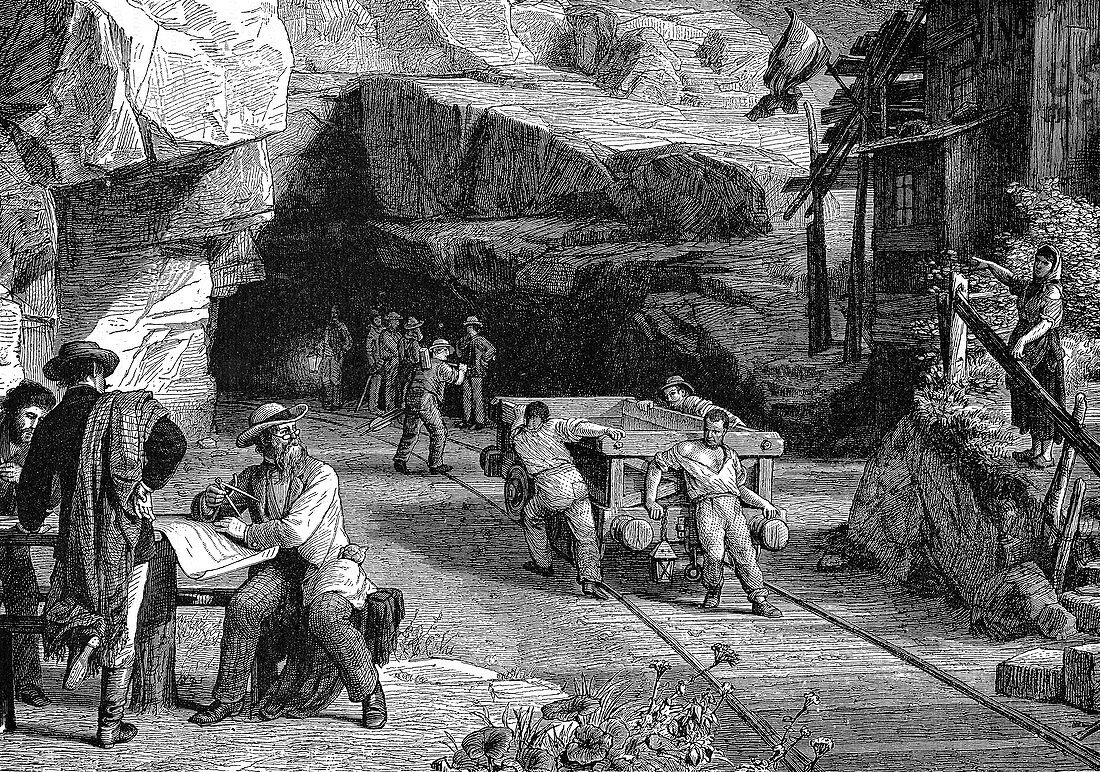 Construction of St Gotthard Tunnel beneath the Alps, 1880