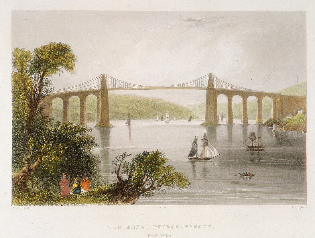 The Menai Bridge, Bangor (North Wales)', c1826-c1850