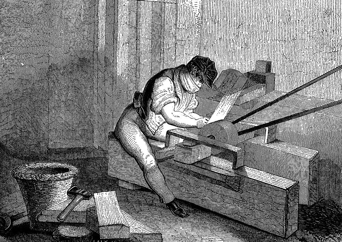 Grinding needle points, Redditch, England, c1830