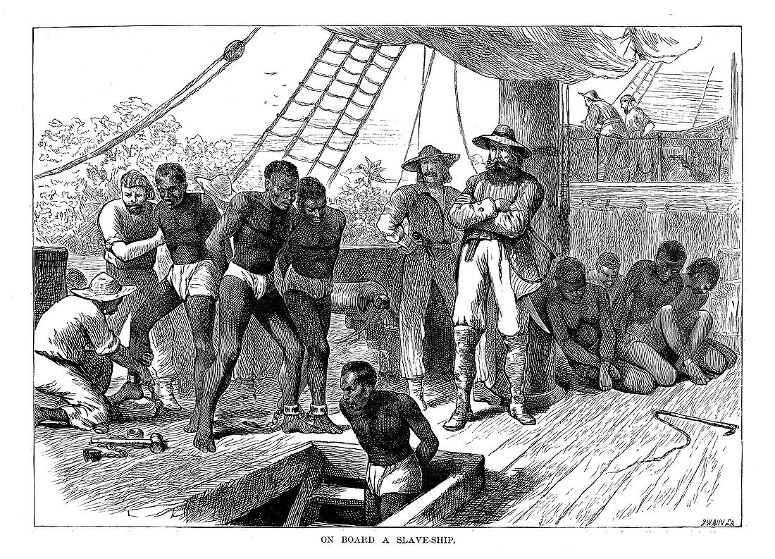 Captives being brought on board a slave ship, West Africa