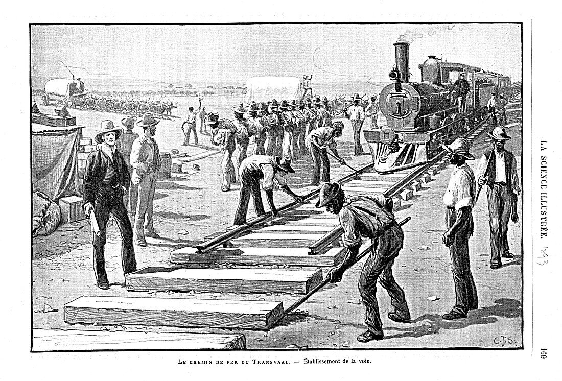 Laying sleepers and rails, Transvaal Railway, South Africa