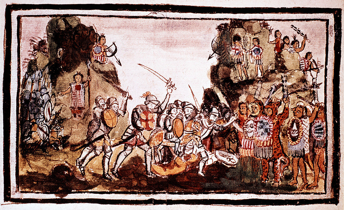 Hernando Cortes attacking natives in Mexico