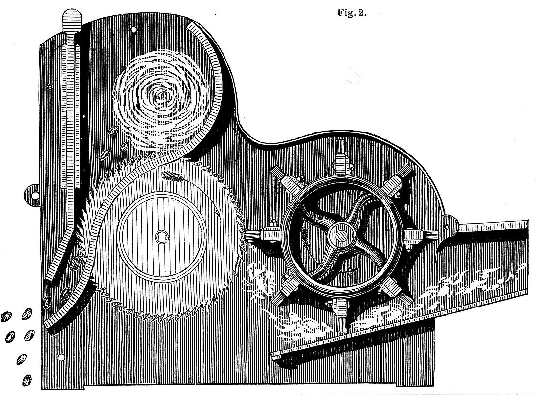 Cross-section of Eli Whitney's saw-gin for cleaning cotton