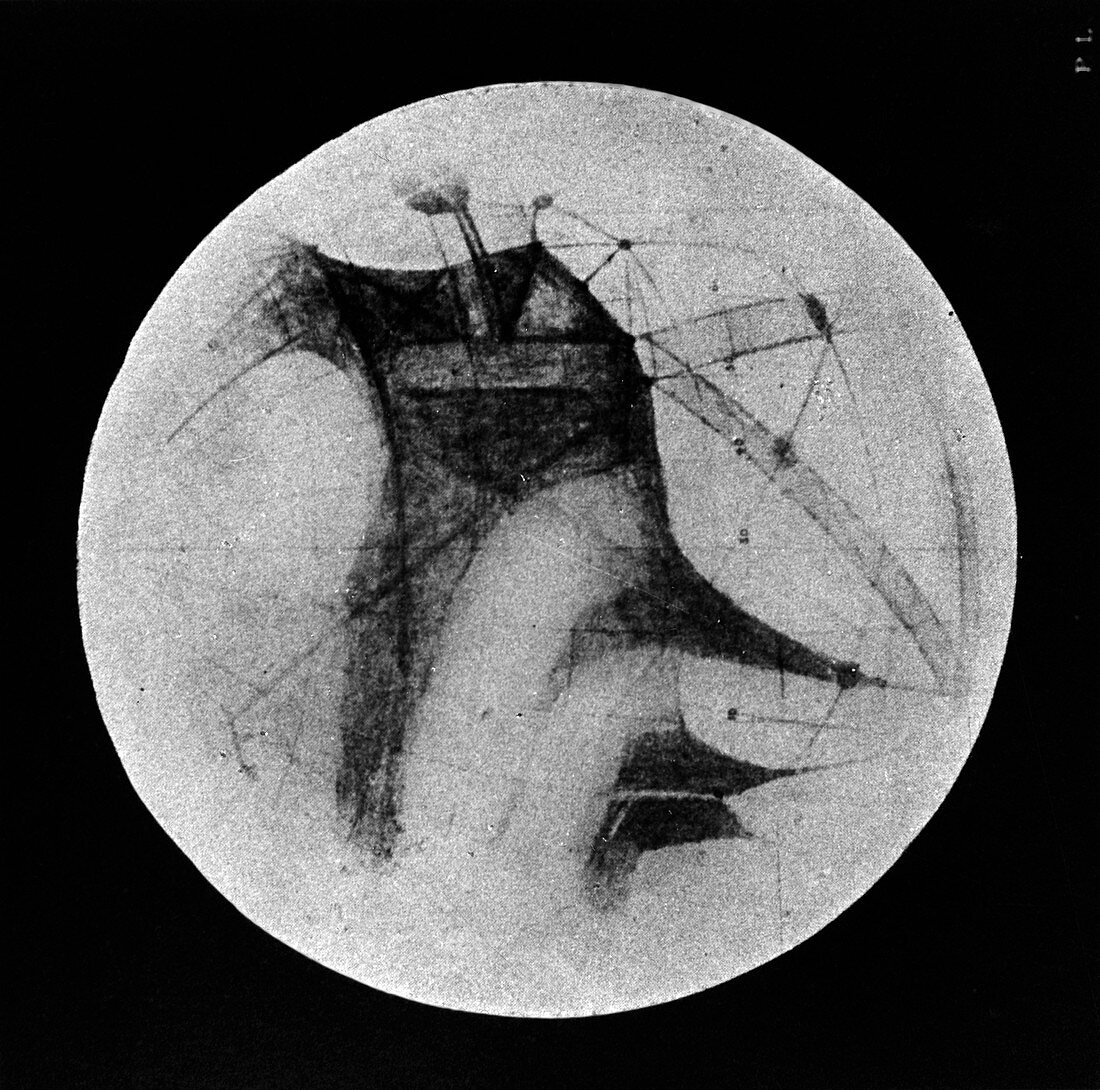 Drawing of Mars showing 'canals' and dark areas, 1896