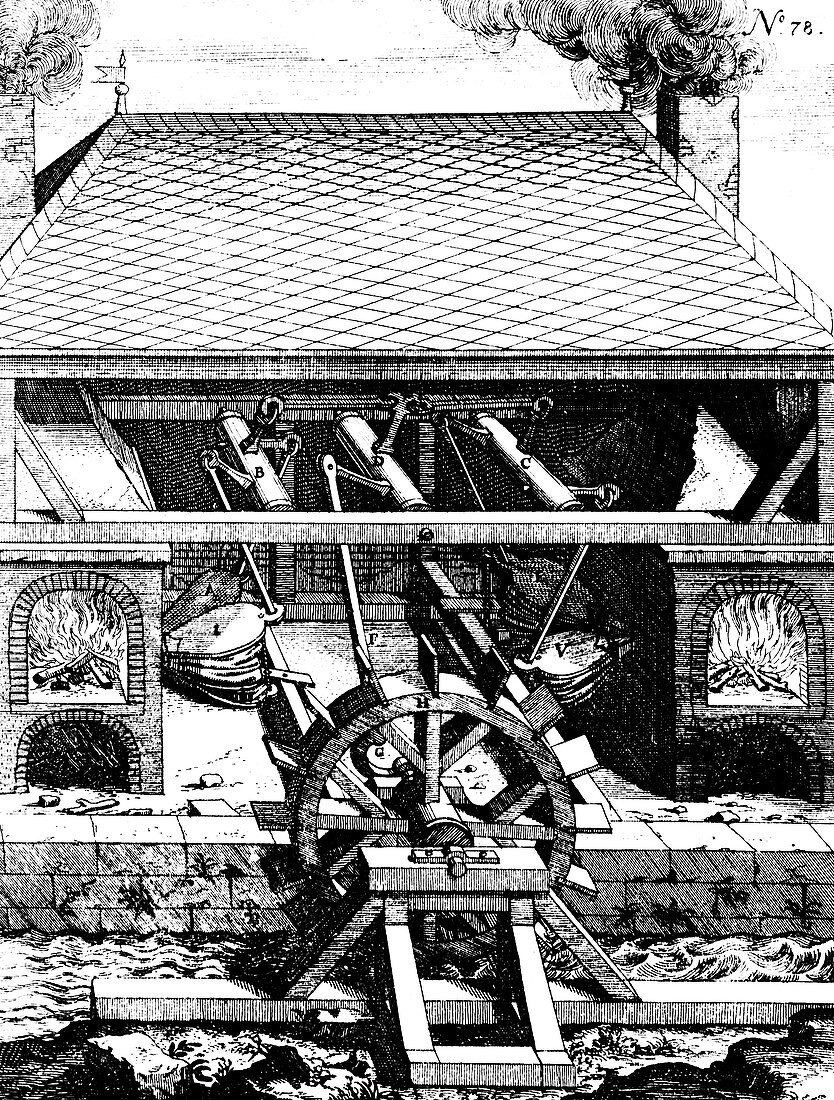 Forge with bellows driven by an undershot water wheel