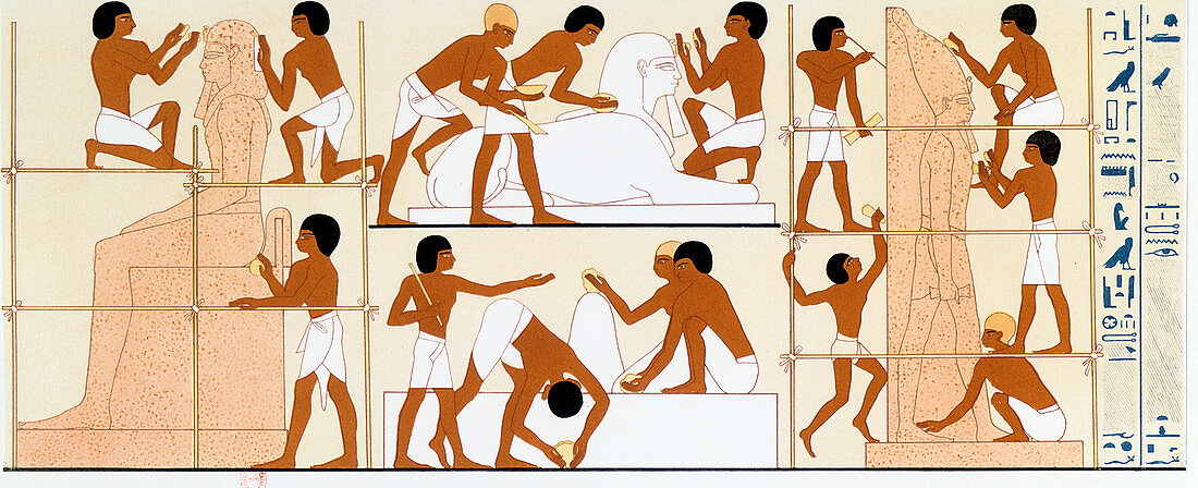 Ancient Egyptian sculptors working on statues, c1842-1845