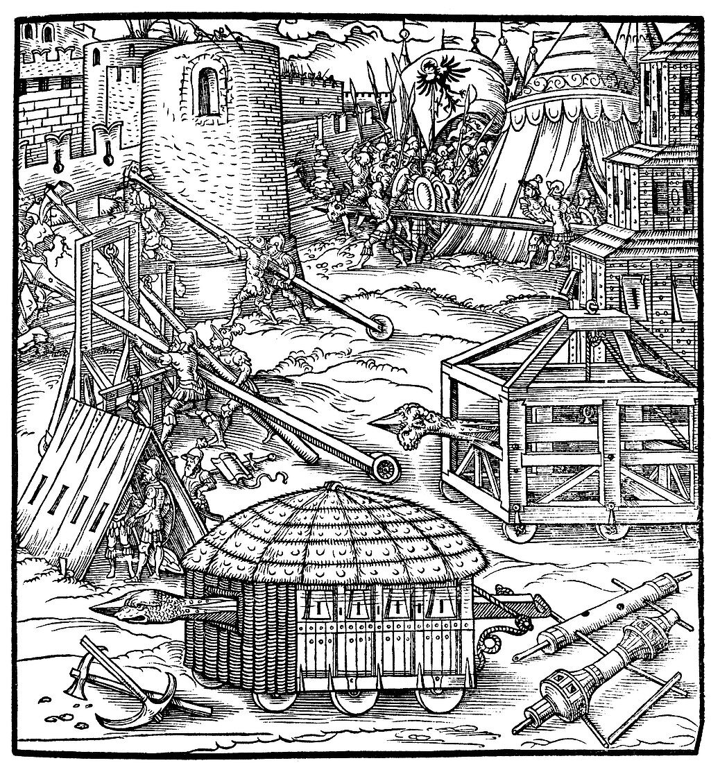 Various forms of siege equipment, including battering rams