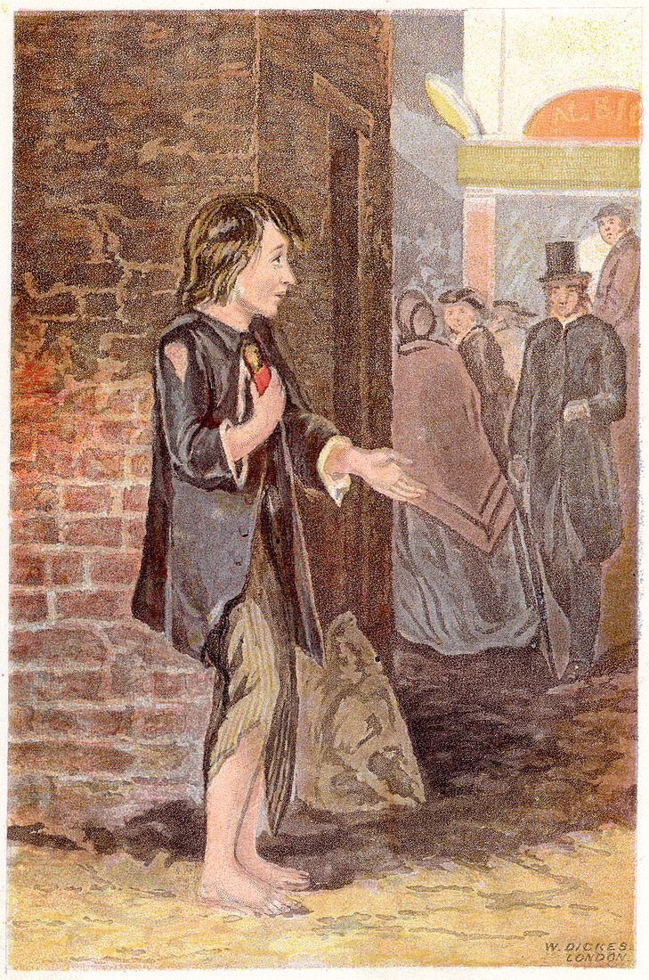 A poor boy, shoeless and in rags, begging on a street corner