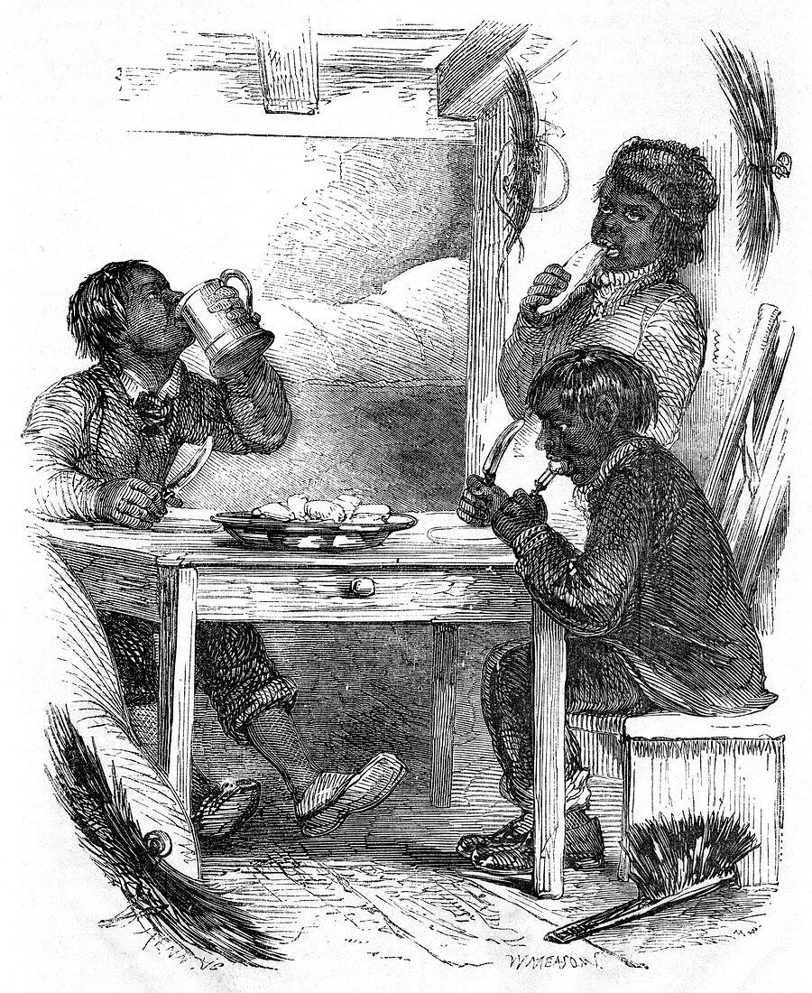 Boy chimney sweeps eating their evening meal, 1861