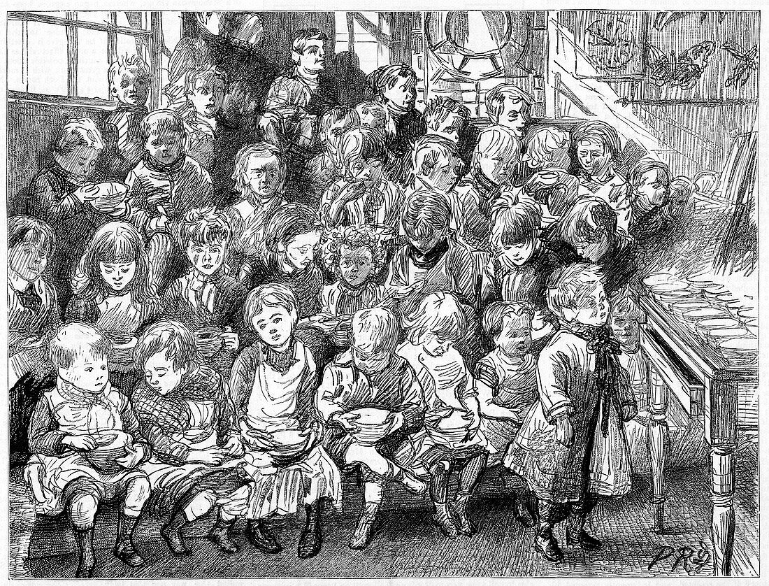 Children waiting for soup, London Board School