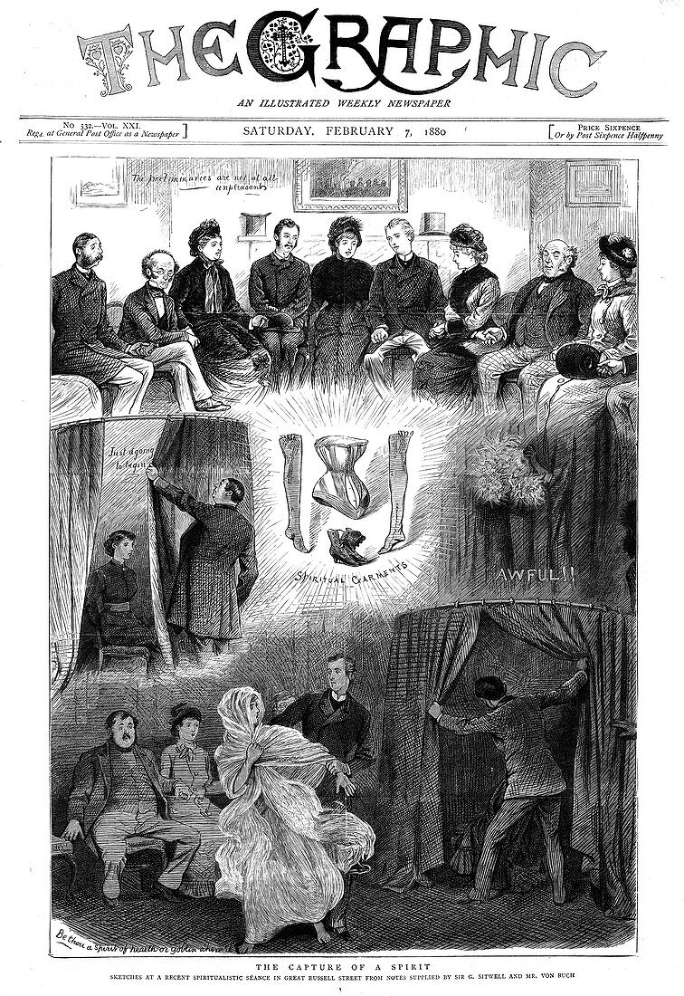 Spirit unmasked at a London seance, 1880