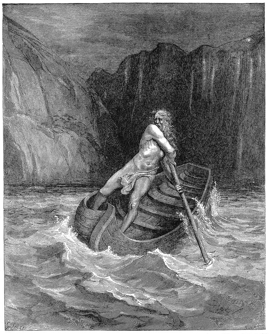 Charon the ferryman rowing to collect Dante and Virgil