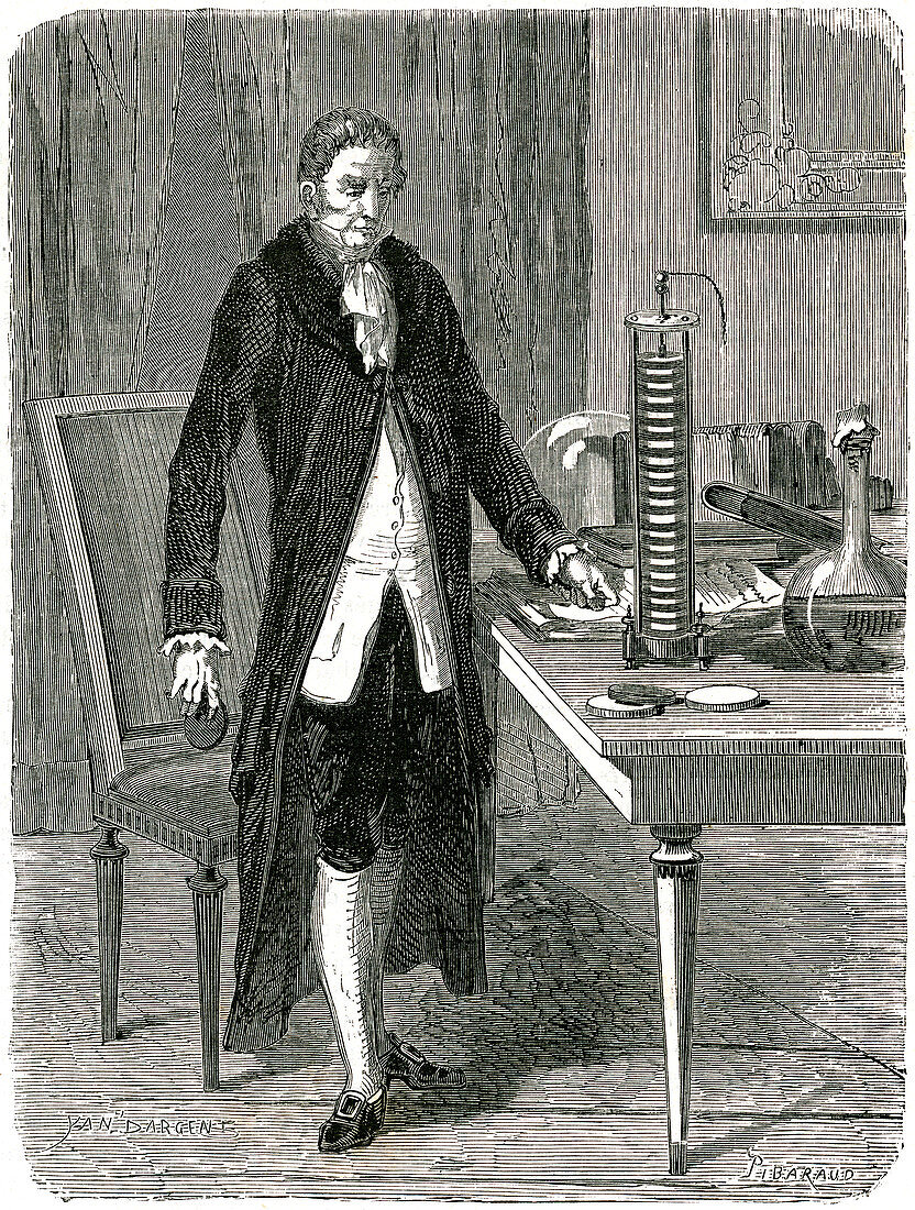 Volta, Italian physicist, demonstrating his electric pile
