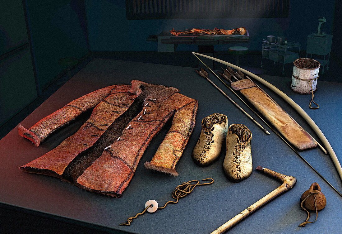 Otzi the Iceman's clothing and tools, illustration