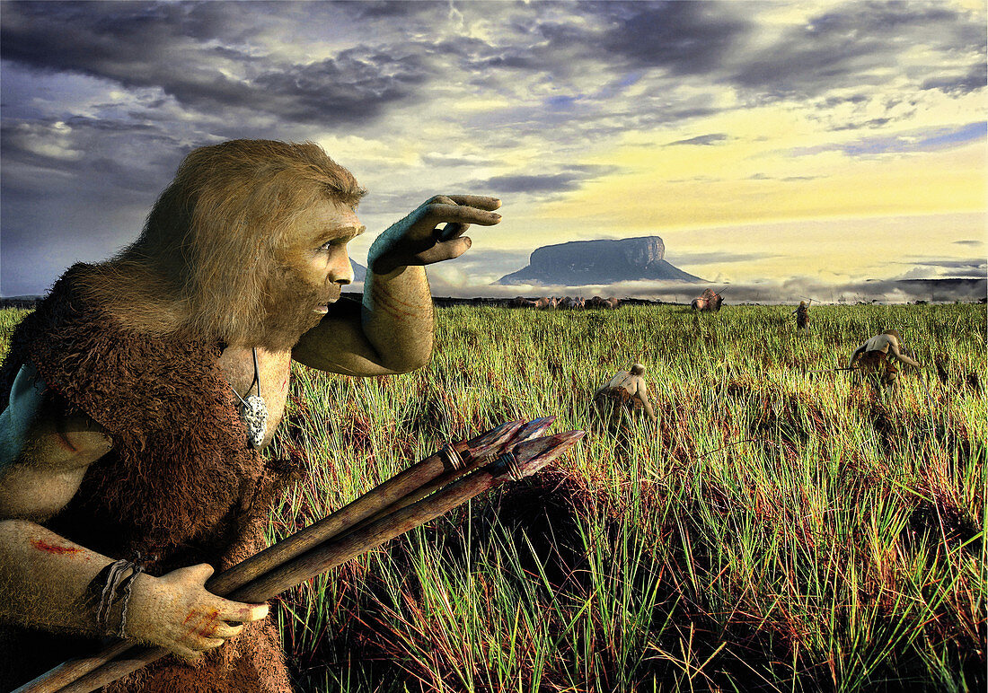 Neanderthals hunting bison, illustration