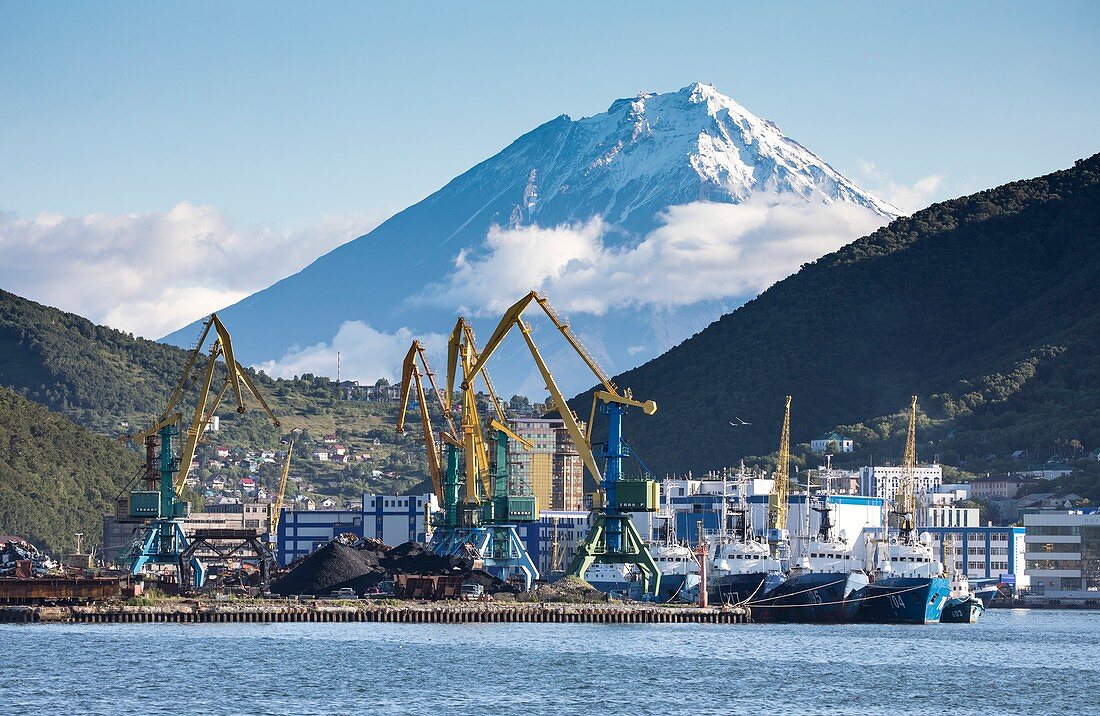 Petropavlovsk-Kamchatsky port with Koryaksky volcano, Russia
