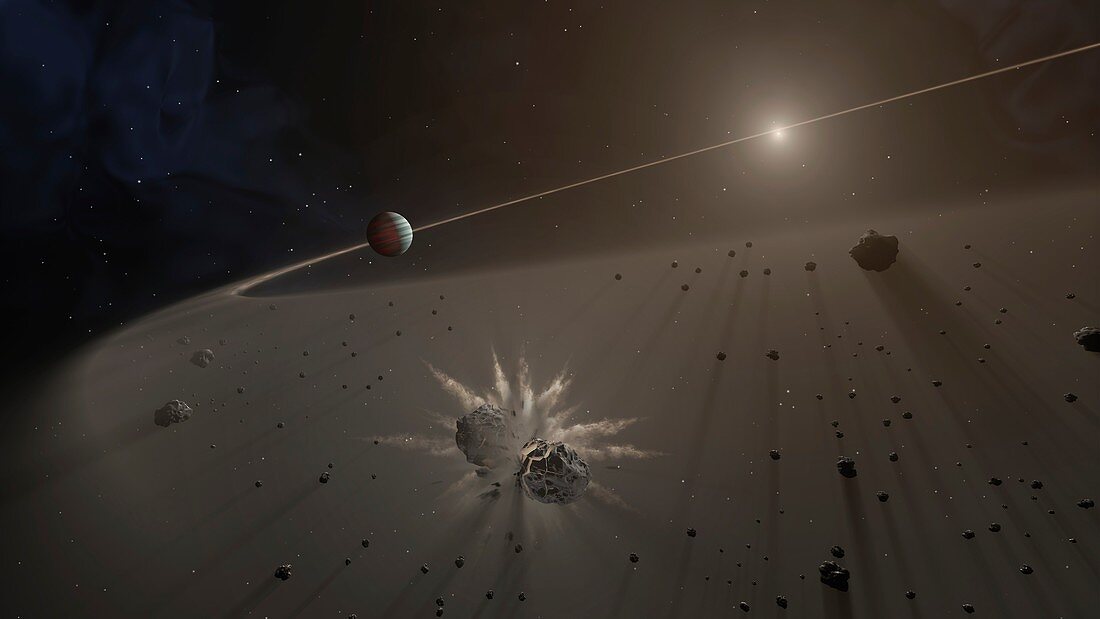 Giant exoplanet and debris disk, illustration
