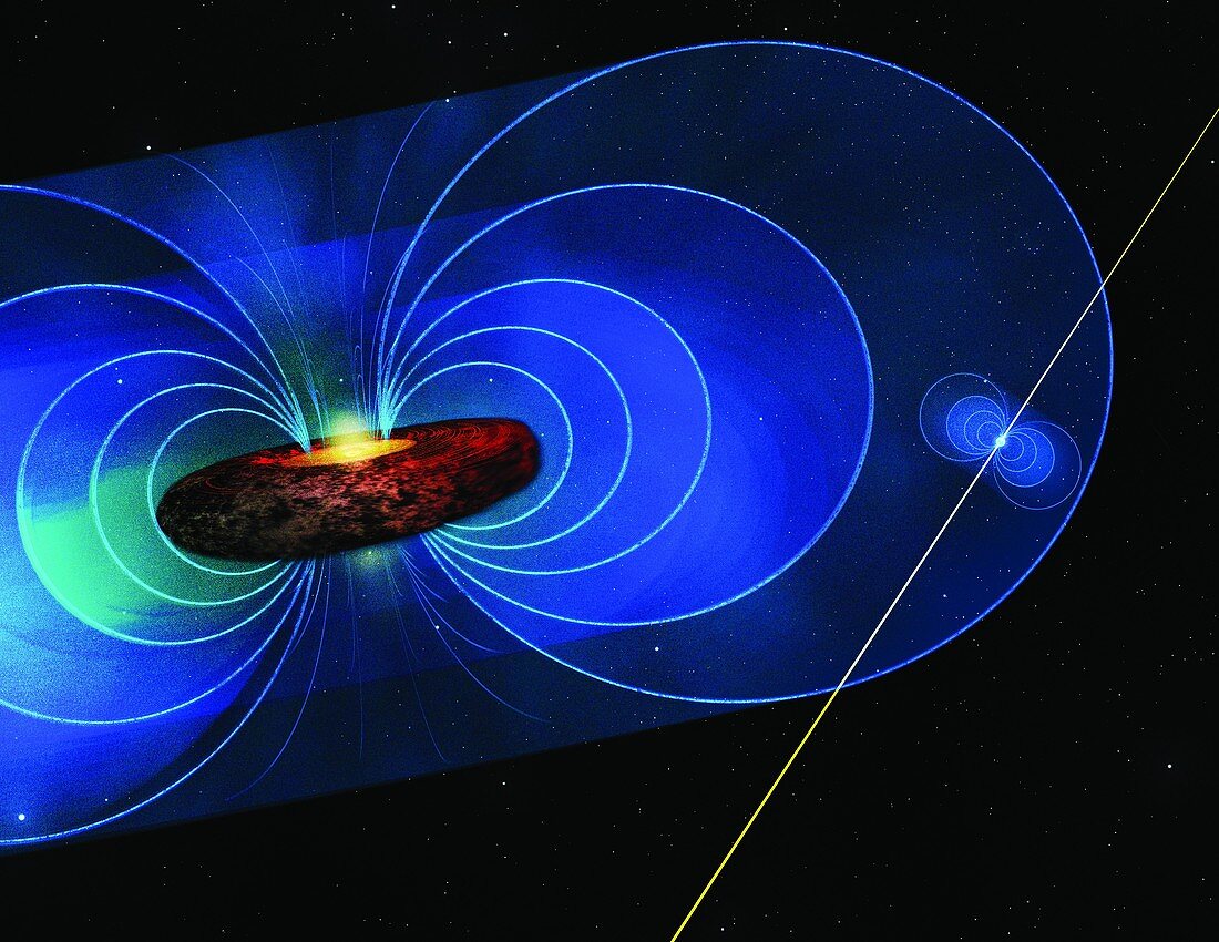 Galactic supermassive black hole and pulsar, illustration